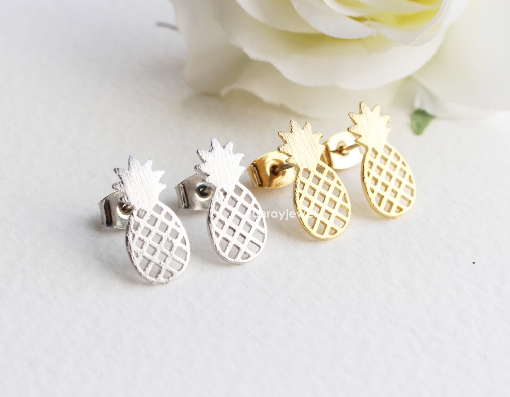 Pineapple Earrings With Sterling Silver Ear Post, Coin Studs, Minimal